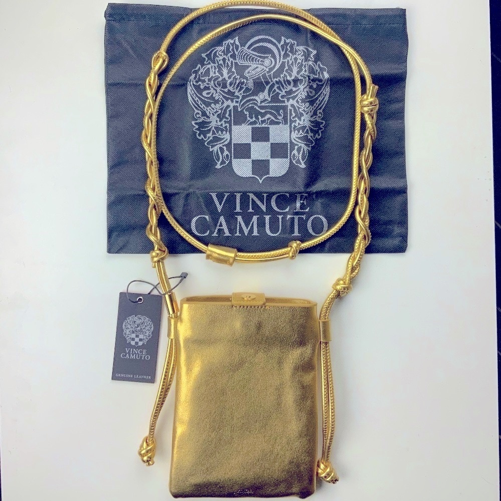 AS WORN ON TV. VINCE CAMUTO Vanah Leather Crossbody Bag in Goldy Metallic Lether